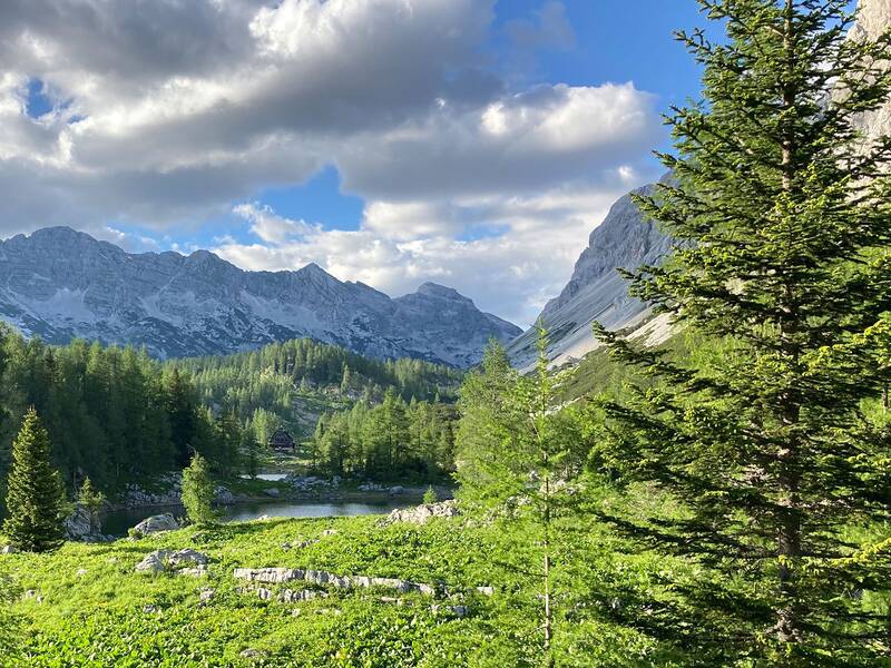 Im Hintergrund ein Gebirge welches leicht beschneit ist. Im Vordergrund ist viel grün und viele Bäume und Wälder im Tal. 