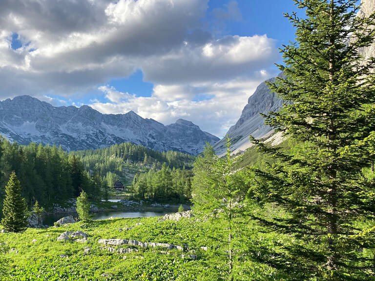 Im Hintergrund ein Gebirge welches leicht beschneit ist. Im Vordergrund ist viel grün und viele Bäume und Wälder im Tal. 