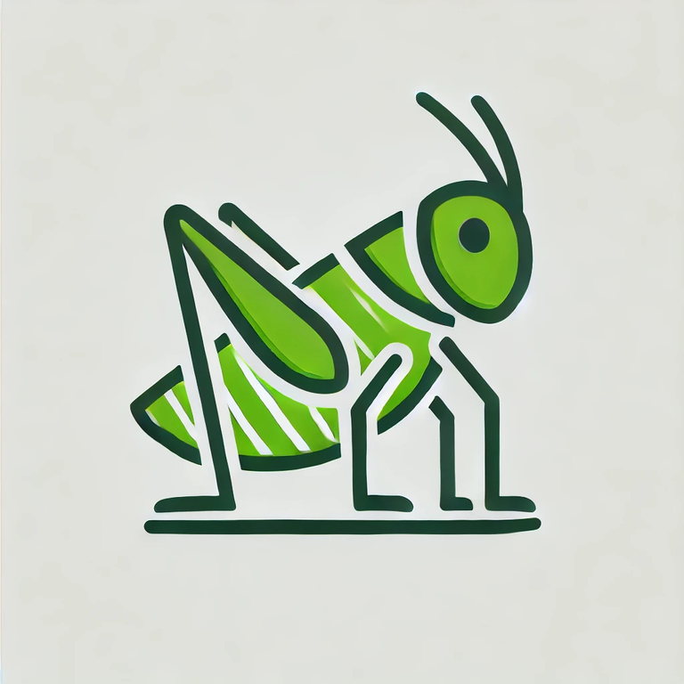 Die Illustration zeigt eine stilisierte, grüne Heuschrecke auf hellem Hintergrund.