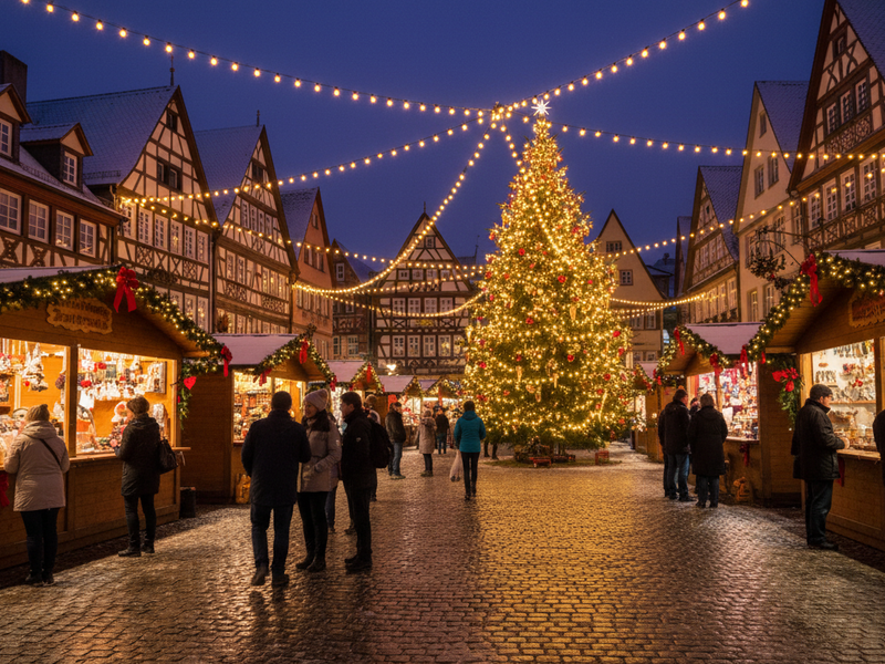 Eine festlich beleuchtete Weihnachtsmarkt-Szene mit einem großen, dekorierten Weihnachtsbaum in der Mitte und Ständen, die von Menschen besucht werden, umgeben von malerischen Fachwerkhäusern bei Abenddämmerung.