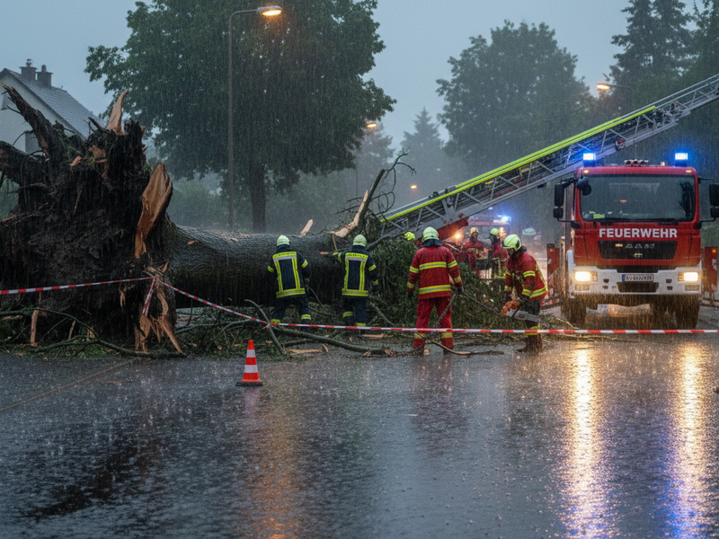 Feuerwehrleute arbeiten im Regen, um einen umgestürzten Baum von einer Straße zu entfernen, während ein Feuerwehrfahrzeug und Absperrbänder die Szene sichern.