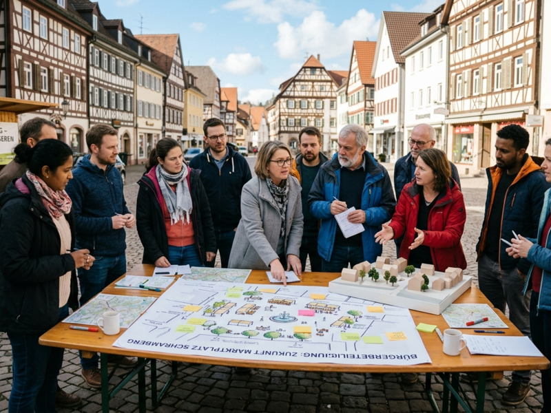 Eine Gruppe von Menschen steht um einen Tisch mit Karten und Modellen, umgeben von Fachwerkhäusern, während ein Schild zur Bürgerbeteiligung zur Gestaltung eines Marktplatzes aufruft.