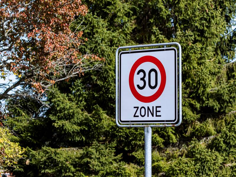 Ein Verkehrsschild, das auf den Beginn einer Tempo-30-Zone hinweist. Im Hintergrund steht eine grüne Tanne.